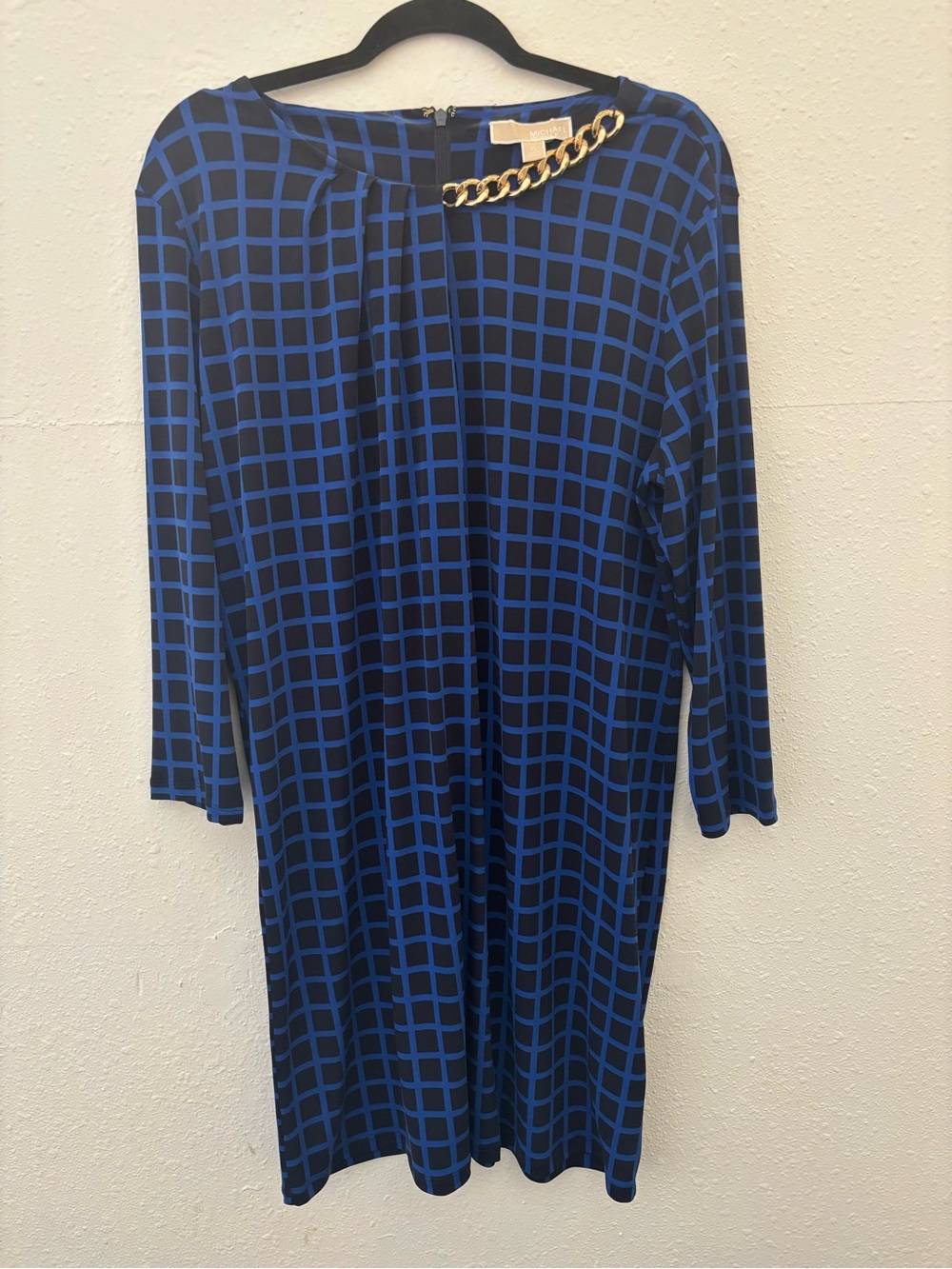 Michael Kors Blue Grid-Print Midi Dress with Gold Chain Accent